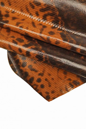 Lizard embossed leather hide, black, tan brown tejus printed calfskin, glossy, stiff skin, 0.7 - 0.8 mm