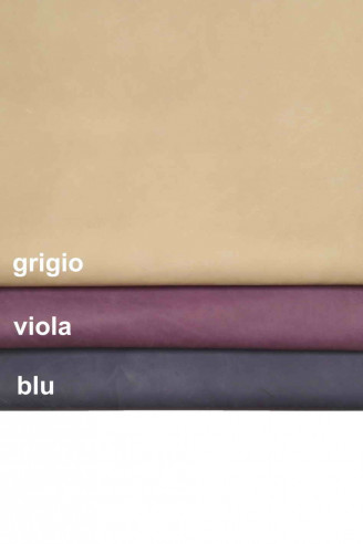 Grey, purple, blue suede calfskin leather hide, slightly wrinkled nabuk cowhide with wax, matt, vintage skin