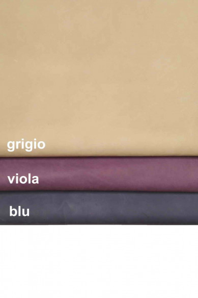 Pelle di nabuk grigio, viola, blu, pellame di camoscio leggermente stropicciato, vitello scamosciato con cera neutra