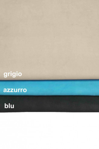 Grey, light blue, dark blue suede goatskin, soft, silky velour skin, thin leather