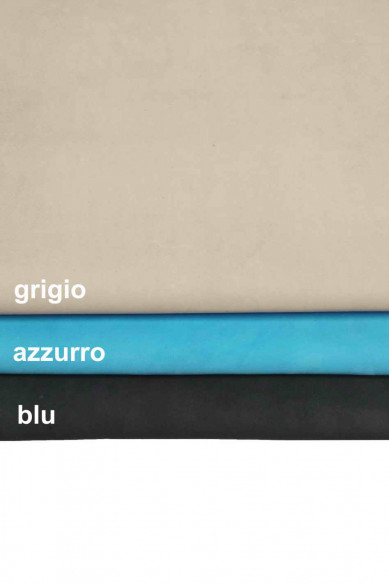 Camoscio grigio, azzurro, blu, pellame di capra scamosciato, morbido e setoso, pelle sottile