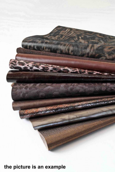 Scampoli di pelle miste, tonalità di MARRONE, TESTA di moro e BRONZO, stampe, lamine e fantasie varie, 10 o 15 pezzi