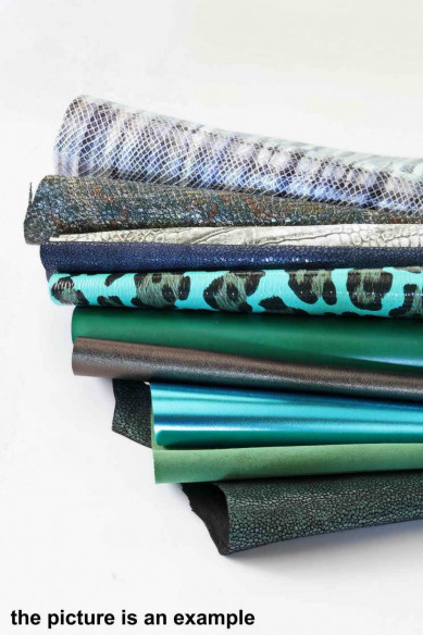 Scampoli di pelle miste, tonalità di VERDE e BLU, stampe, lamine e fantasie varie, ideali per l'artigianato, 10 o 15 pezzi