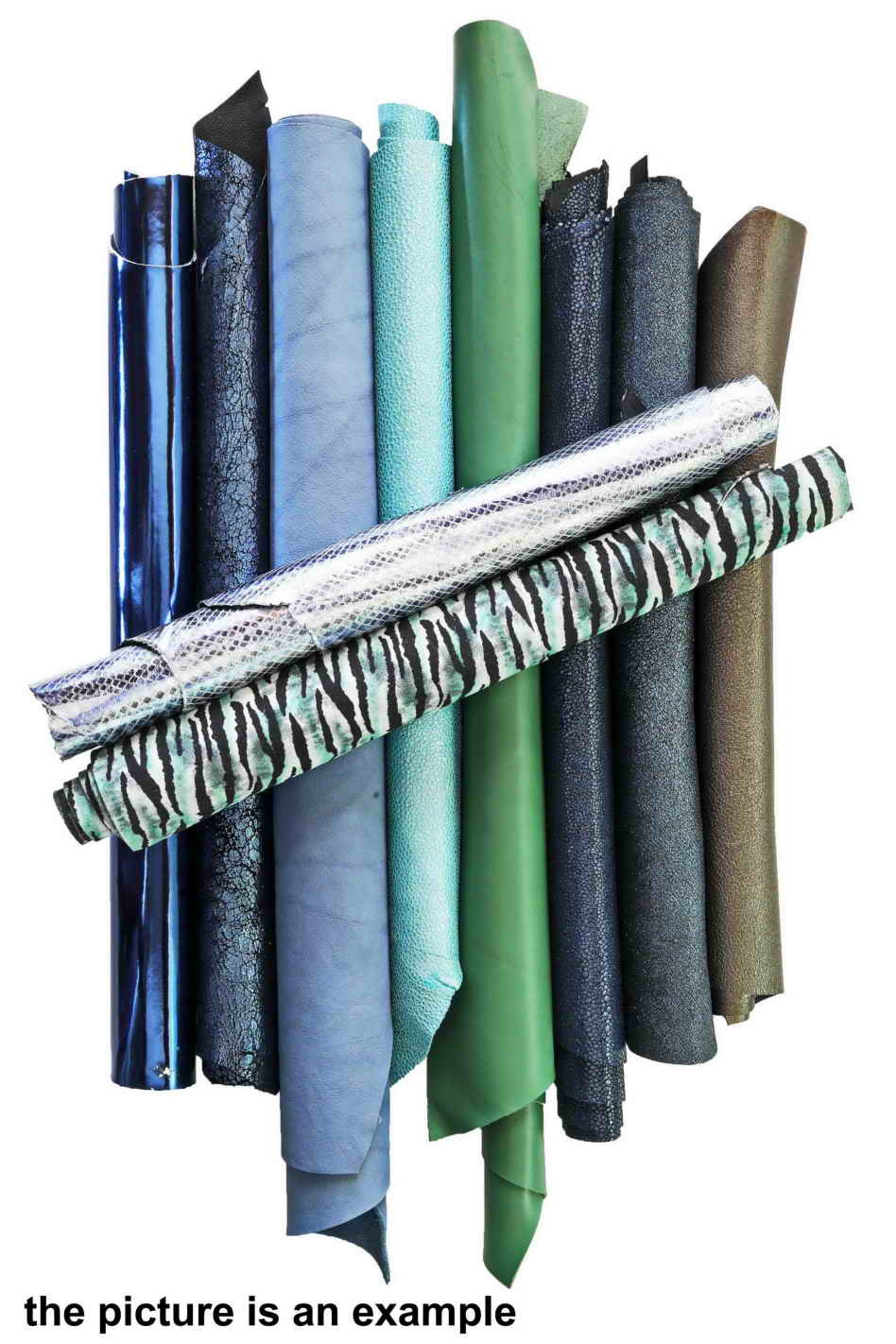 Mix leather scraps - GREEN and BLUE - fancy textures, foils and