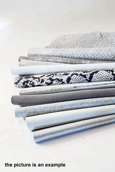 Scampoli di pelle miste, toni BIANCO, GRIGIO e ARGENTO, stampe, lamine e fantasie varie, ideali per l'artigianato, 10 o 15 pz