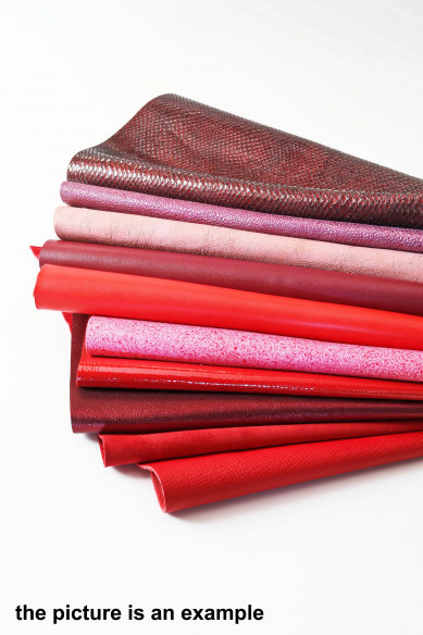 Scampoli di pelle miste, tonalità di ROSSO e ROSA, stampe, fantasie e morbidezze varie, ideali per l'artigianato, 10 o 15 pezzi