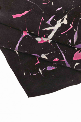 Black SUEDE SPLASHES painted calfskin, fuchsia purple white abstract paint leather skin