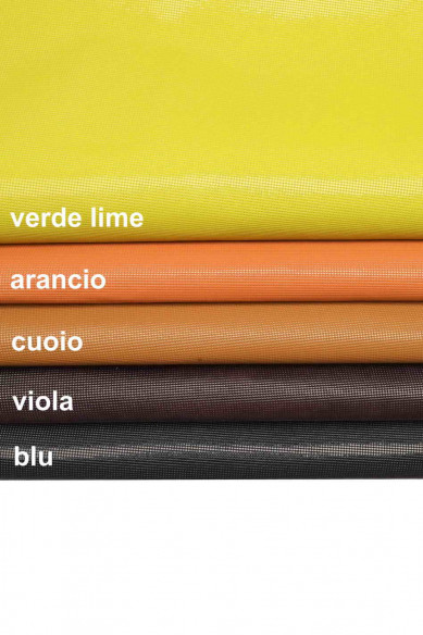 PELLAMI COLORATI verniciati e stampati,  pelle stampa piccola viola, cuoio, arancio, verde lime e blu, lucidi
