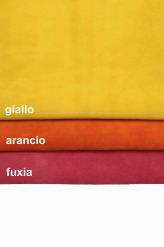 BRIGHT SUEDE leather hides, yellow orange fuchsia velour cowhide, colored skins