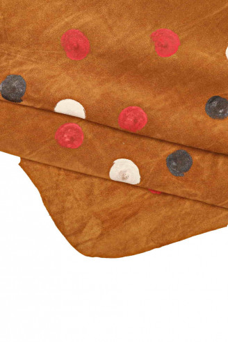 MULTICOLOR PATTERNED suede, polka dots painted calfskin leather hide, brown velour skin