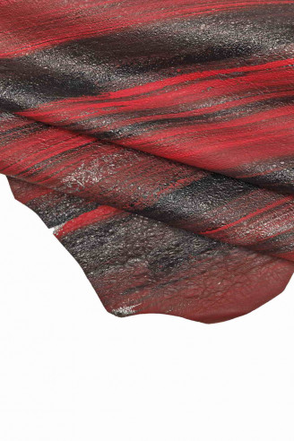ARTISTIC leather skin, painted hide, red stripes and silver streaks goatskin