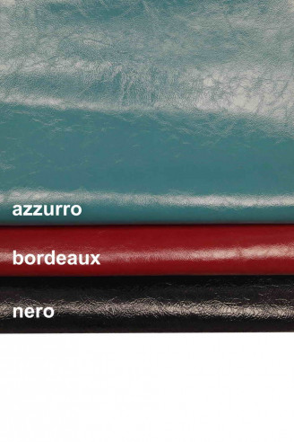 SHINY COW leather skins, blue, burgundy, black lacquer wrinkled cowhides