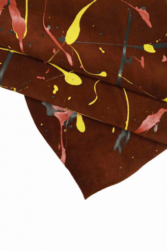 ARTISTIC LEATHER hide, multicolor painted cowhide, brown suede calfskin with colorful abstract decoration