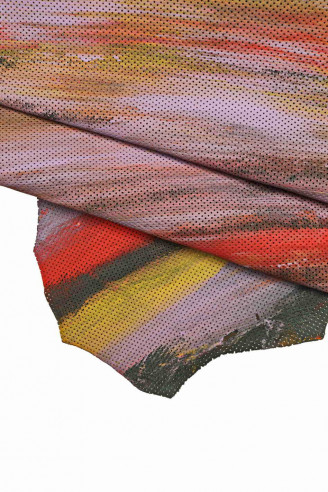MULTICOLOR PERFORATED black suede leather skin, watercolor colorful hides, soft goatskin