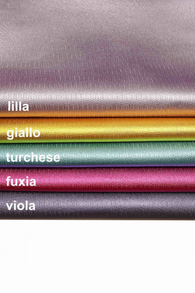 PELLAME LAMINATO turchese, viola, giallo, lilla, fucsia, pelle di capra metallizzata con grana