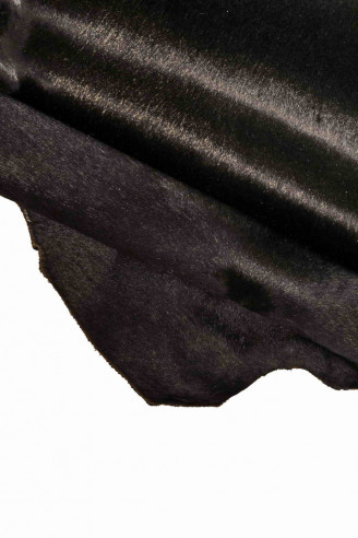 Black HAIR ON leather hide, metallic pony calfskin vintage distressed metal skin