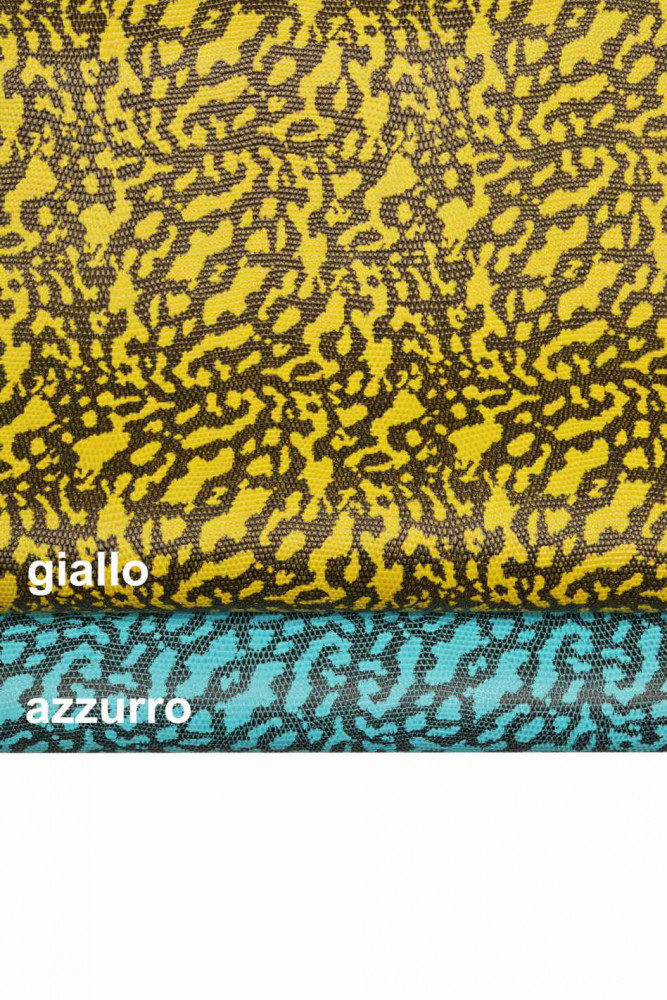 SPOTTED printed LEATHER hide, giallo - azzurro lizard embossed calfskin with black spots texture