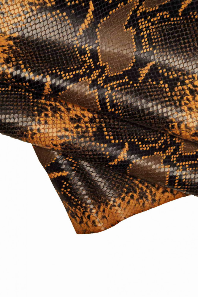 PYTHON PRINTED leather hide, tan-black-brown snakeskin textured calfskin, quite glossy reptile, soft skin, 0.8-0.9 mm