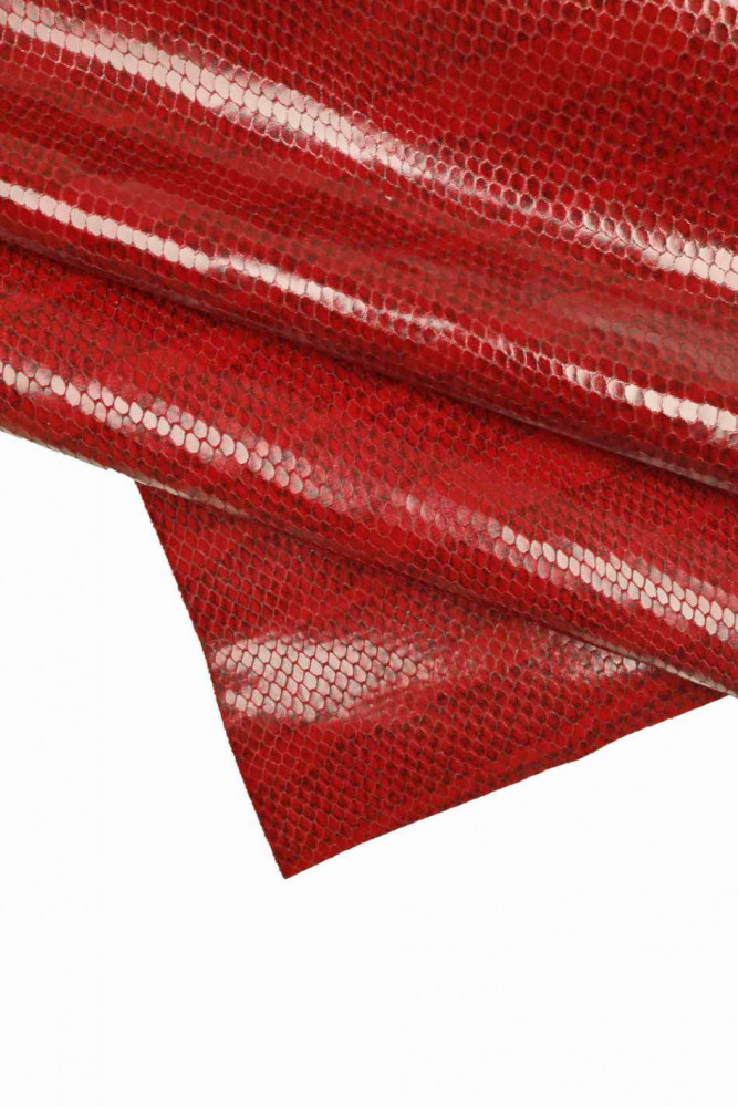 RED PYTHON printed leather hide, snake textured calfskin with black stripes, glossy reptile cowhide