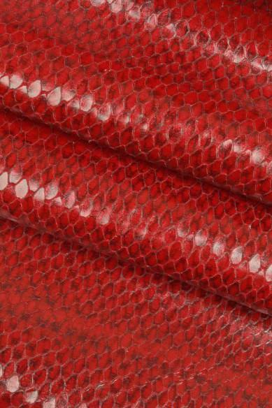 RED PYTHON printed leather hide, snake textured calfskin with black stripes, glossy reptile cowhide