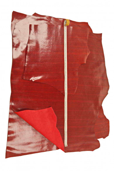 RED PYTHON printed leather hide, snake textured calfskin with black stripes, glossy reptile cowhide