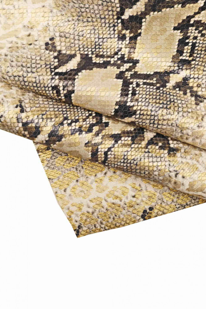 White grey black PYTHON printed leather hide, SNAKE textured calfskin with gold leopard texture