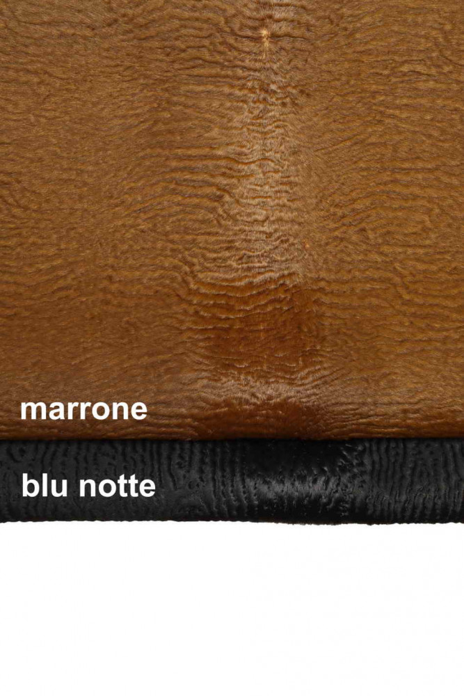 Brown, dark blue HAIR ON leather hide, astrakhan printed pony skin, embossed calfskin