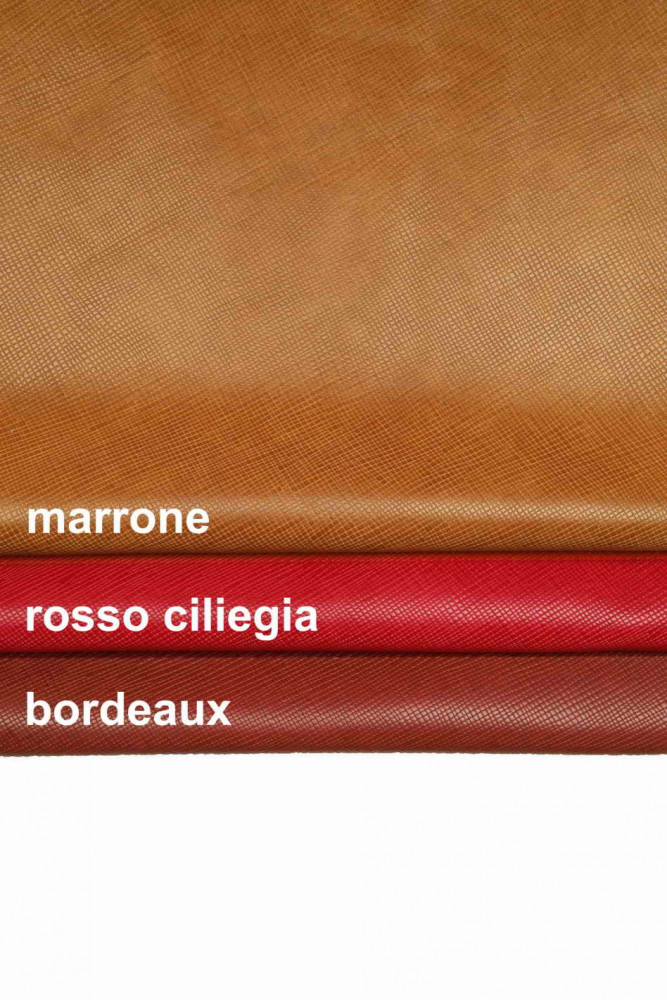 Brown, cherry red, burgundy SAFFIANO LEATHER hide, soft printed calfskin, sporty textured glossy cowhide