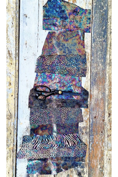 10 Scampoli di pellami unici selezionati, stampa oleografica, pezzi di pelle assortimento mix di fantasie come da foto