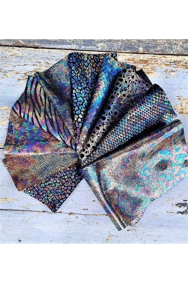 10 Scampoli di pellami unici selezionati, stampa oleografica, pezzi di pelle assortimento mix di fantasie come da foto