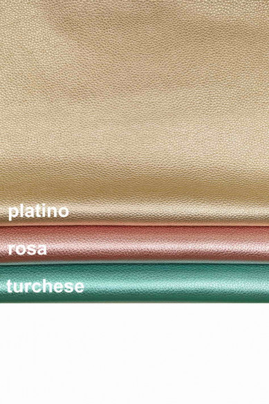 PELLE LAMINATA con grana turchese, rosa, platino, vitello stampa dollaro cervo, pellame metallizzato