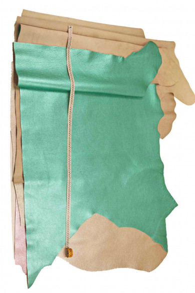 PELLE LAMINATA con grana turchese, rosa, platino, vitello stampa dollaro cervo, pellame metallizzato