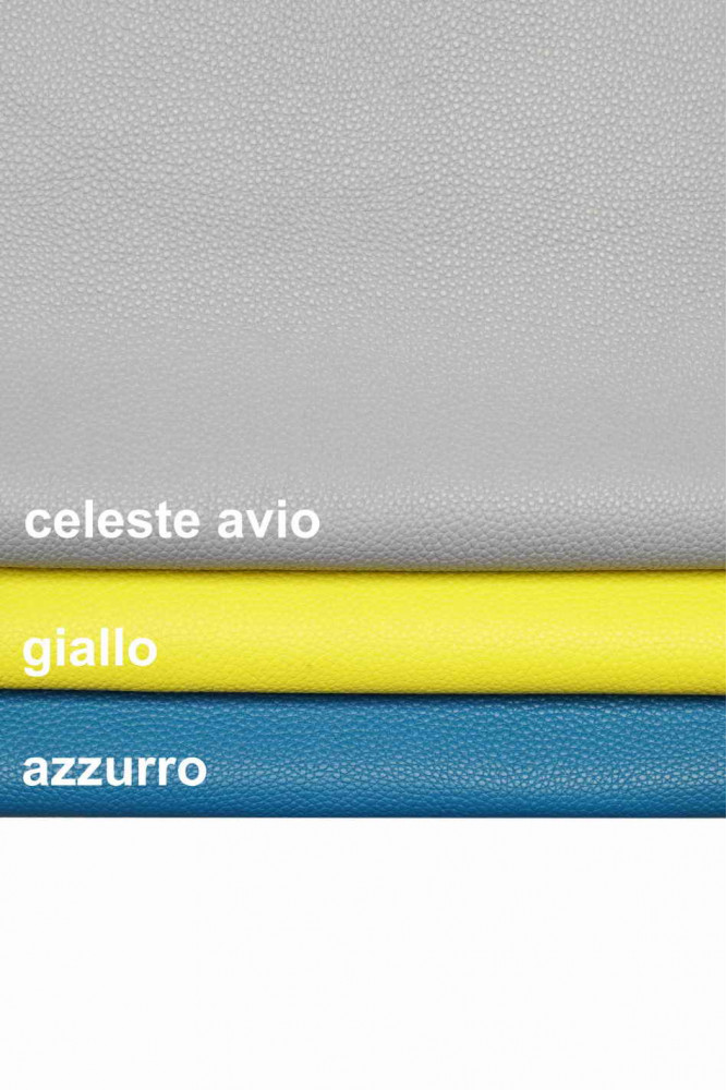 Grey blue, olympic blue, yellow GRAINY LEATHER hide, pebble grain printed cowhide solid color soft calfskin