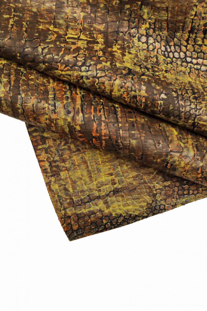 MULTICOLORED CROCODILE leather hide, brown yellow embossed croc calfskin, stiff cowhide