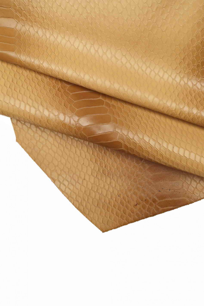 BEIGE SNAKE printed leather hide, light brown reptile embossed calfskin