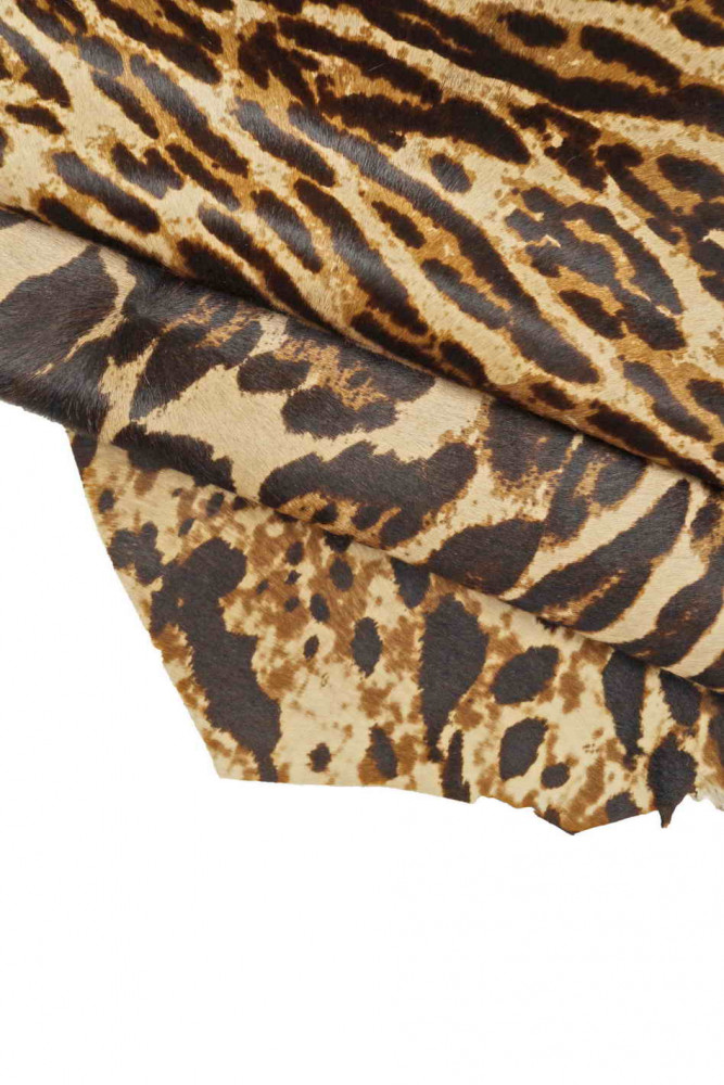 LEOPARD HAIR on leather hide, beige brown black pony calfskin, cheetah printed cowhide