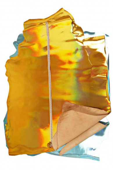 Gold, light blue IRIDESCENT METALLIC leather hide, smooth metal calfskin, glossy stiff cowhide