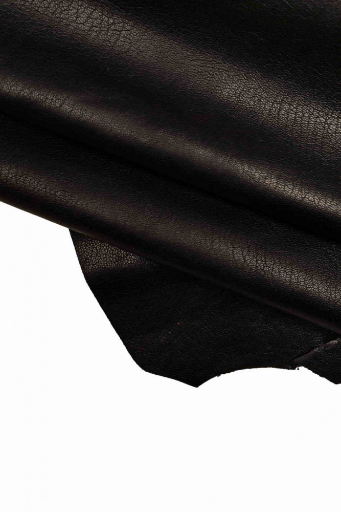 Black GRAIN LEATHER hide, slightly crumpled goatskin, tiny pebble grain glossy skin, wrinkled sporty look
