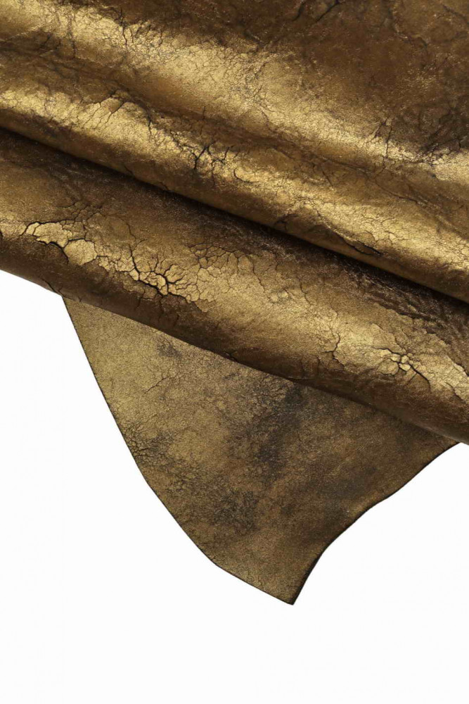 Crackled VEG TAN cowhide leather, brown distressed metallic vegetable tanned hide