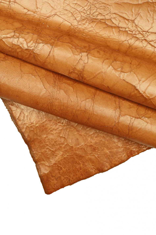 Crackled VEG TAN cowhide leather, tan distressed metallic vegetable tanned hide