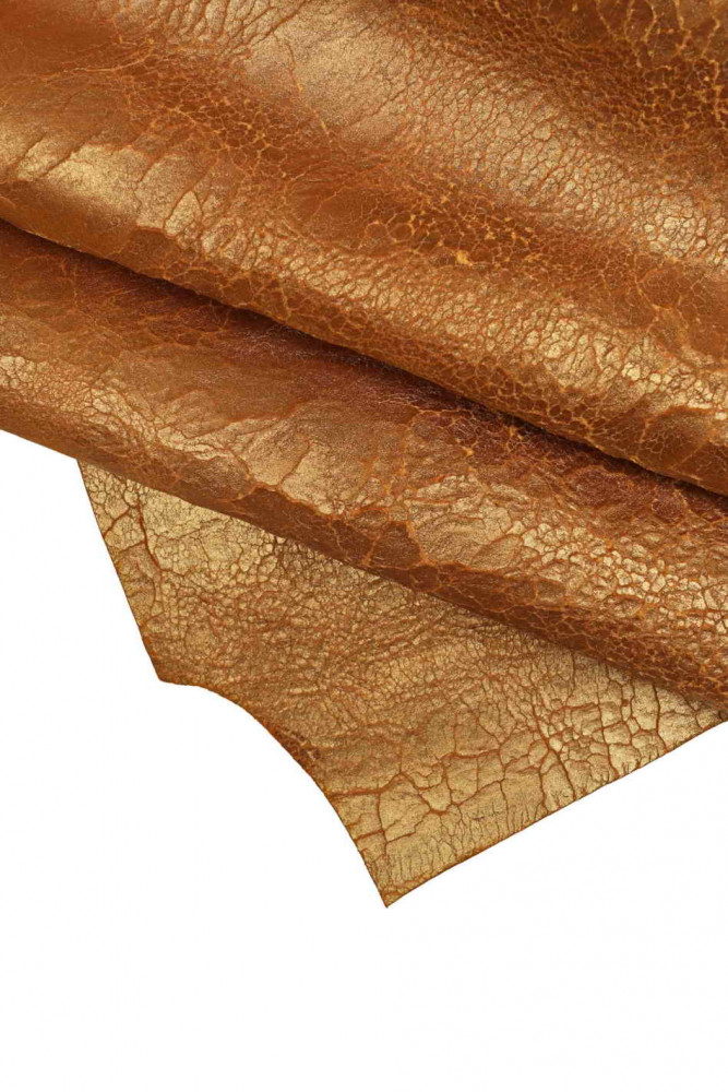 Veg orange TAN ITALIAN leather hides, vintage crackle texture on vacchetta cowhides, distressed vegetable skins