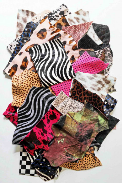Leather hairy calf printed scraps bag, in total for 0,7 lbs (300 gr) and 1 lbs (500 gr)