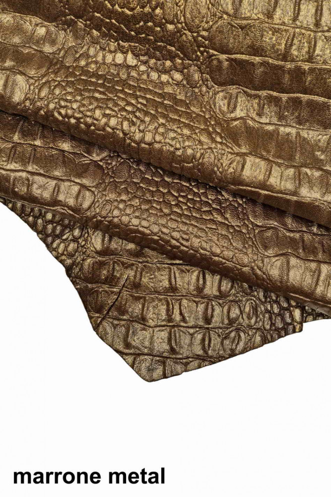 ALLIGATOR CROCODILE leather skins, silver metal brown  veg tanned croc, embossed washed goatskin