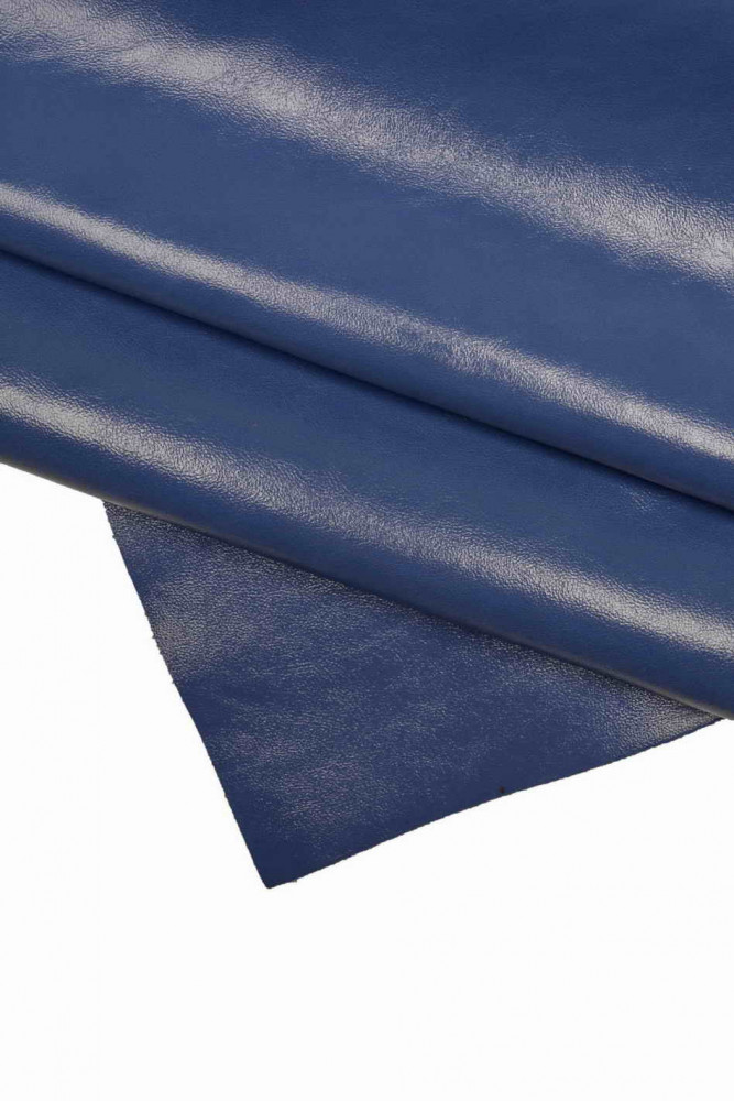 BLUE GLOSSY leather hides, lacquer textured cowhides, wrinkled patent cow skins