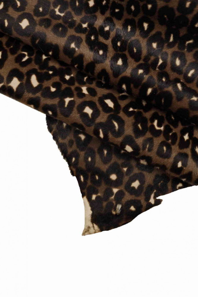 LEOPARD HAIR on leather hide, brown white black spotted pony cowhide, soft cheetah printed calfskin