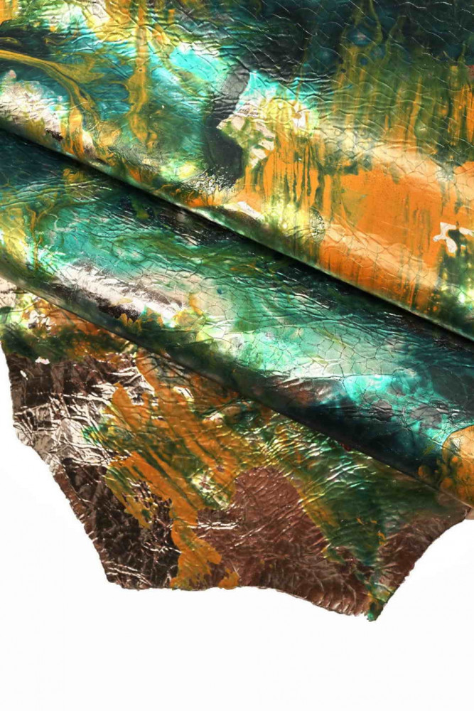 Unique multicolor paint print leather skin, tie and dye colorful abstract textured hide, 28 x 23 inches