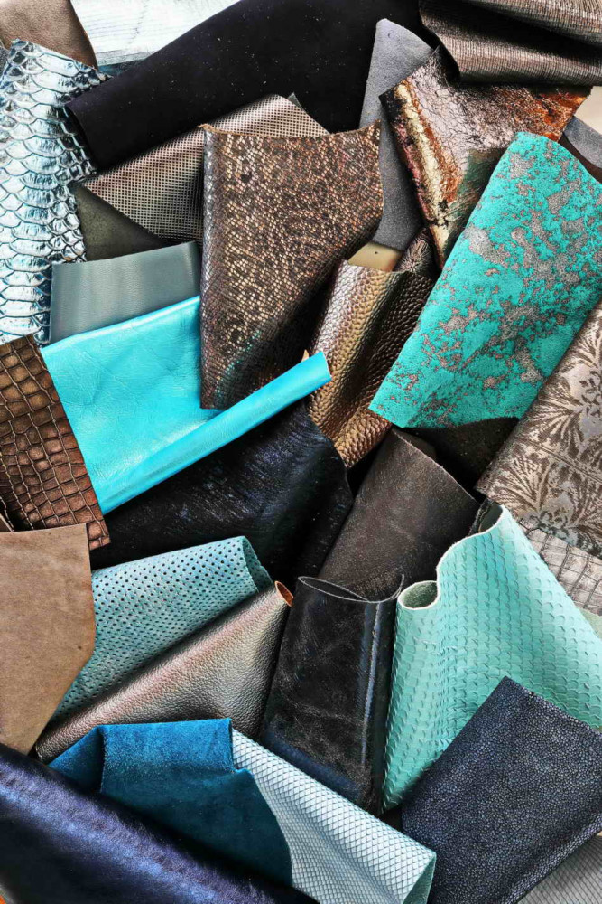 Leather scraps bag, BLUE and GREY tones, fancy textures, foils and softness various,, in total for 1 lbs and 2 lbs