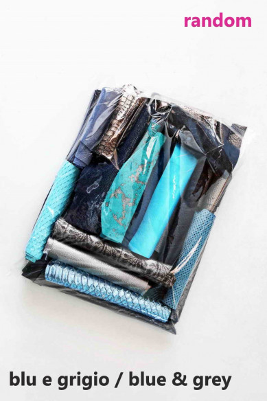 Sacchetto di ritagli di pelle miste, tonalità di BLU e GRIGIO, stampe, lamine, fantasie e morbidezze varie, da 0,300 kg a 1 kg