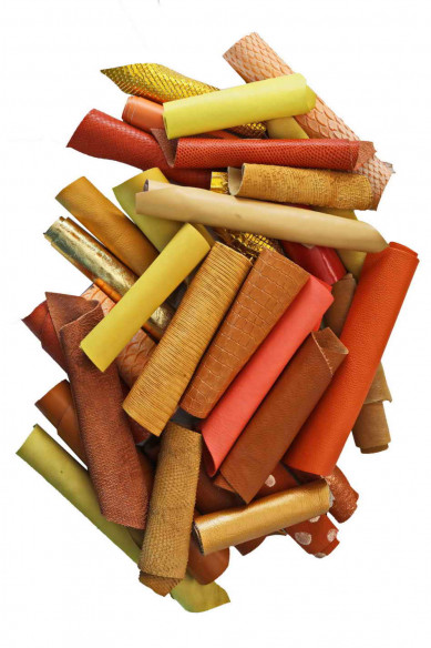 Leather scraps bag, YELLOW, GOLD, ORANGE tones, fancy textures, foils and softness various,, in total for 1 lbs and 2 lbs