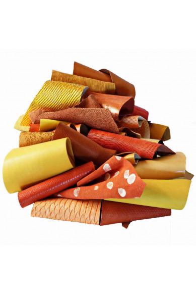Leather scraps bag, YELLOW, GOLD, ORANGE tones, fancy textures, foils and softness various,, in total for 1 lbs and 2 lbs